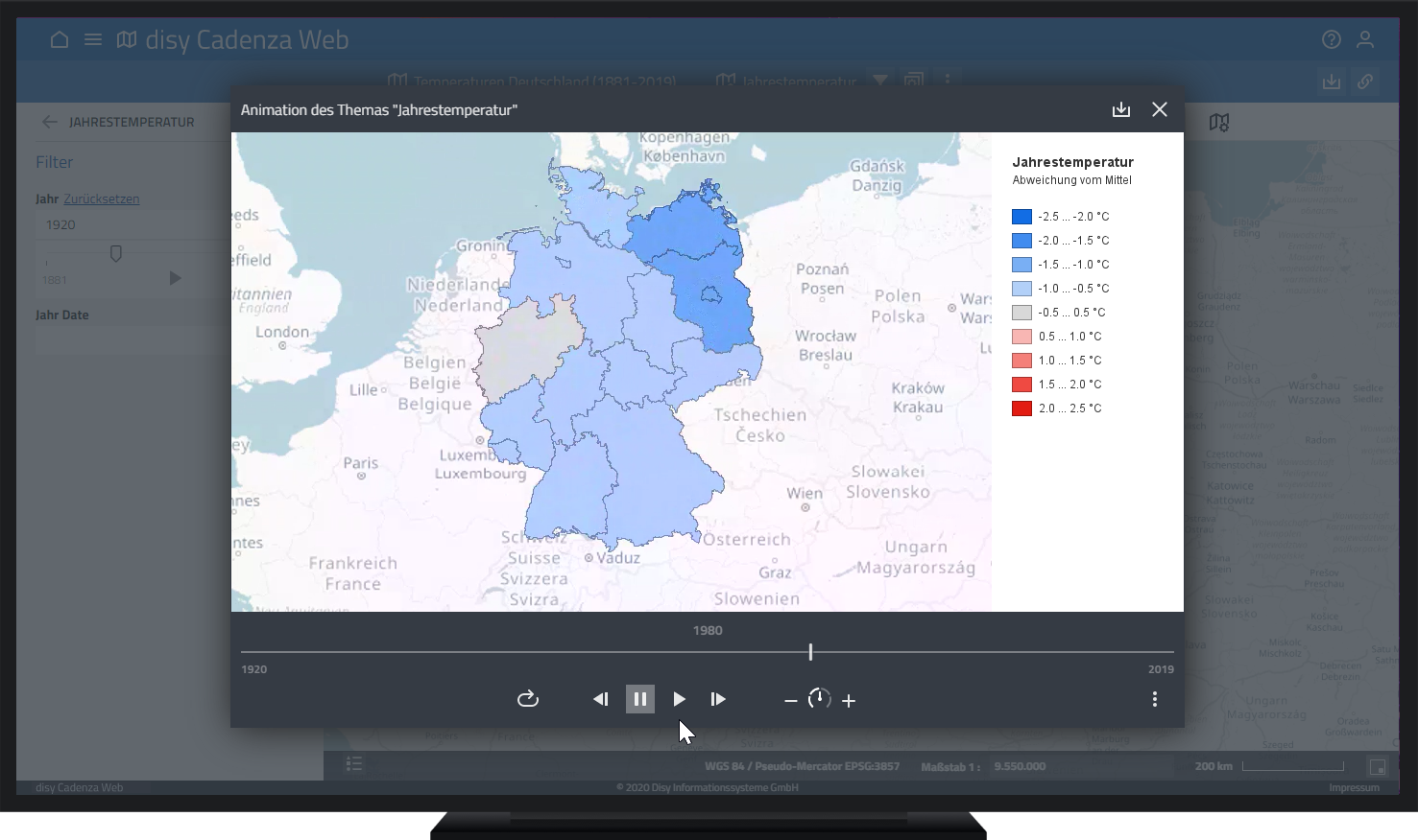 Temperaturveränderungen in Deutschland als Trend animieren in der Datenanalyse-Software Cadenza
