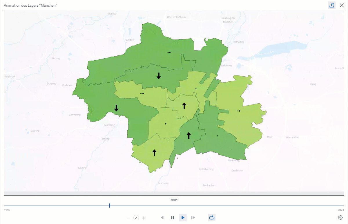 Durchschnittlichen Quadratmeterpreis von Eigentumswohnungen pro Stadt in einer Kartenanimation in der Datenanalyse-Software disy Cadenza analysieren.