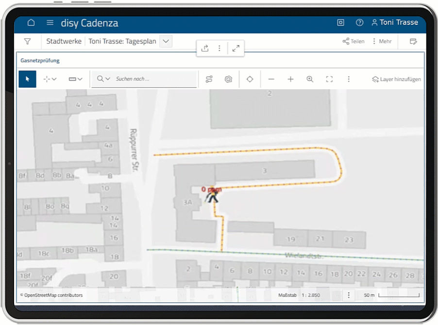 GPS-Messspur mit Methankonzentration zur räumlichen Eingrenzung eines möglichen Befunds.
