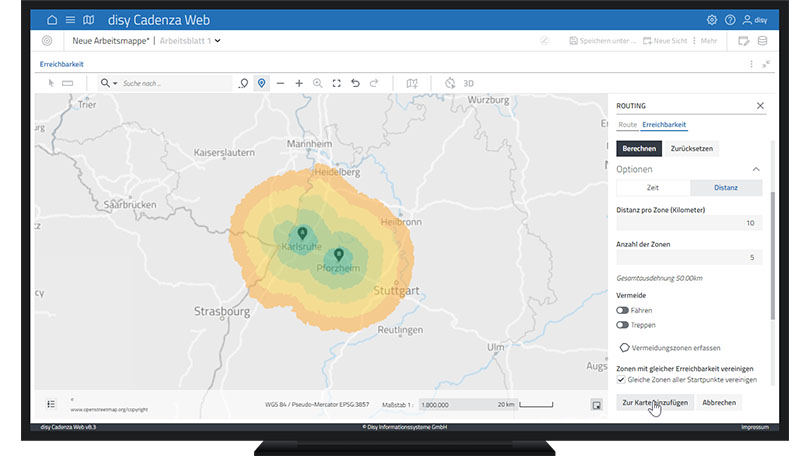 Auf Basis von Zeit und Distanz Isochronen erstellen in der Datenanalyse-Software disy Cadenza.