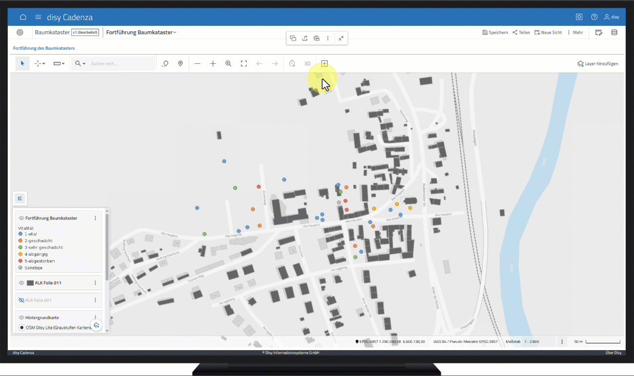 Geodatenerfassung in der Datenanalyse-Software disy Cadenza: Punktgeometrien im Baumkataster direkt erfassen und für Karten und Analysen nutzen.