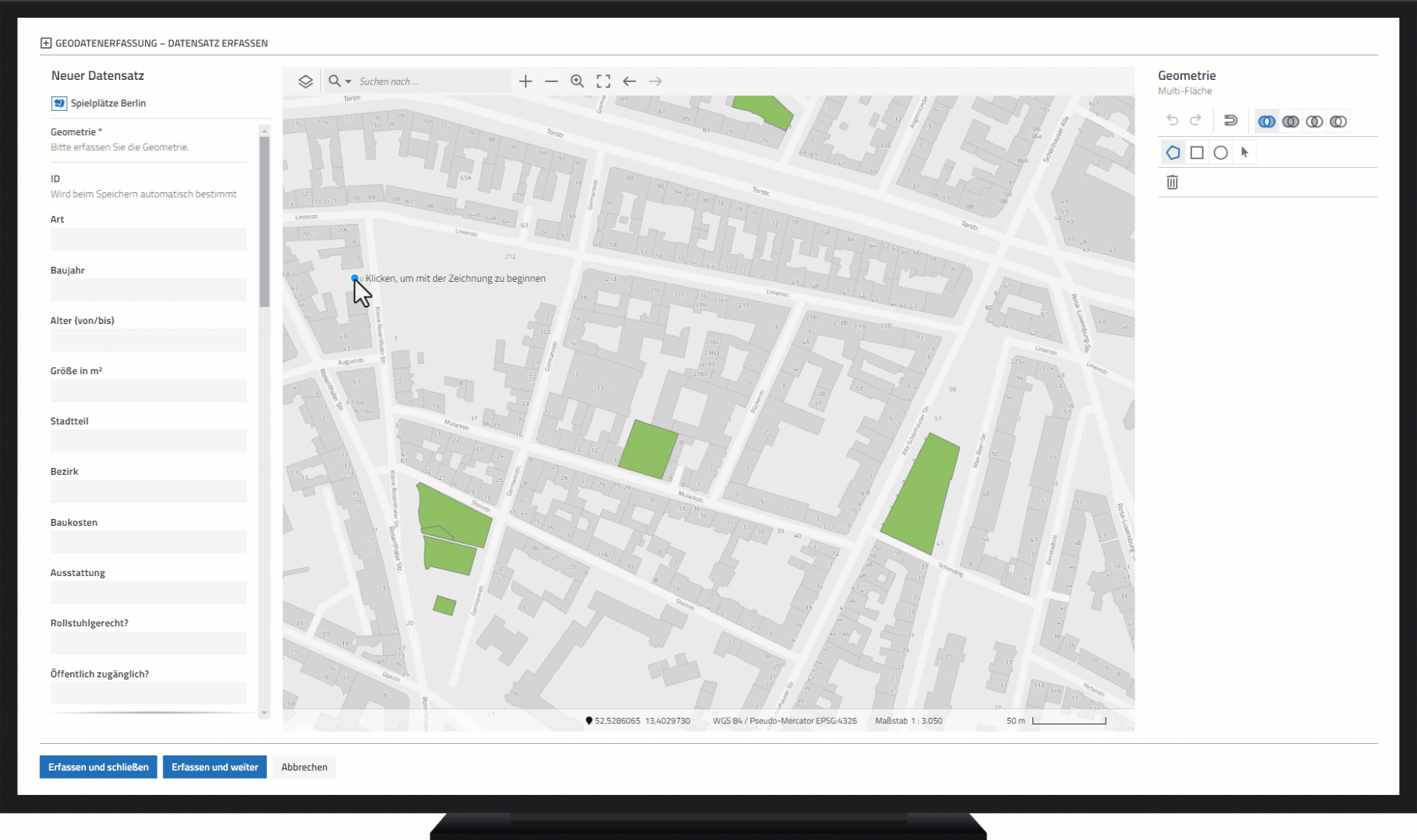 Geodatenerfassung in der Datenanalyse-Software disy Cadenza: Flächengeometrien zu Spielplätzen direkt erfassen und für Karten und Analysen nutzen.