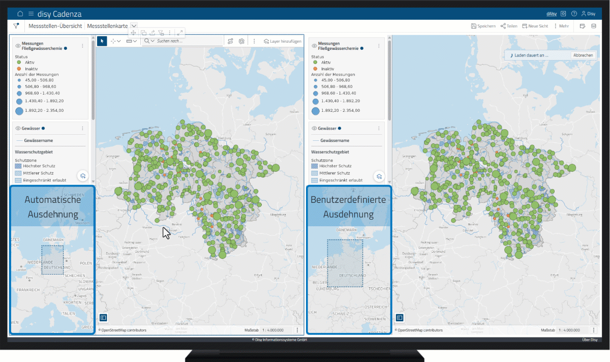 Übersichtskarte in disy Cadenza mit dynamischem Zoomverhalten im Dashboard