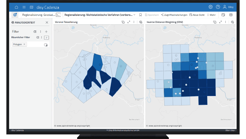 Die Abbildung zeigt die Regionalisierung mit einem Voronoi-Diagrammen – dargestellt in disy Cadenza