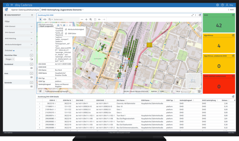 Detailansicht der Haltestellen rund um den Chemnitzer Hauptbahnhof, von denen lediglich vier Haltestellen noch nicht vollständig erfasst sind – Dashboard-Darstellung mit disy Cadenza