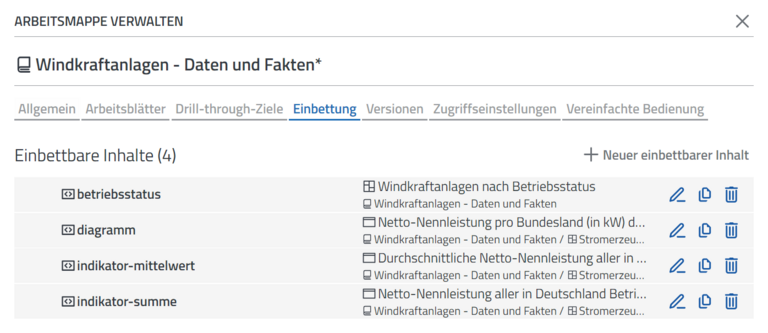 Eingebettete Inhalte werden im „Arbeitsmappe verwalten“-Dialog in der Datenanalyse-Software disy Cadenza angezeigt