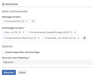 Dialog zur Regressionsanalyse in der Datenanalyse-Software disy Cadenza.