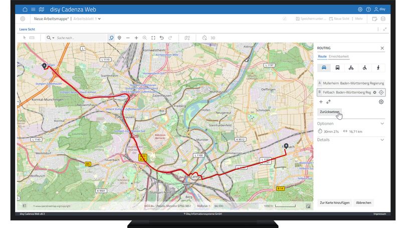 Routing mit Zwischenstopp erstellen und Route puffern in der Datenanalyse-Software disy Cadenza.