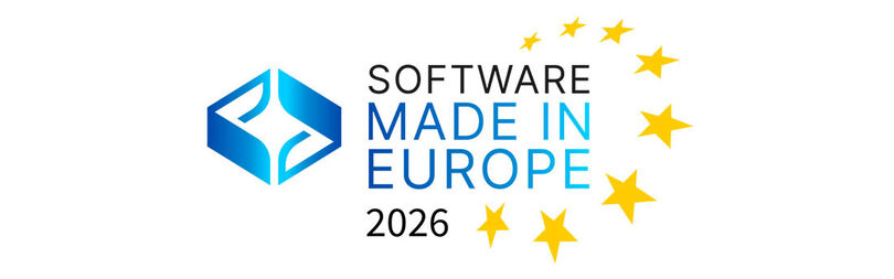 Die Abbildung zeigt das Qualitätssiegel „Software made in Europe“, mit dem die Software disy Cadenza ausgezeichnet ist