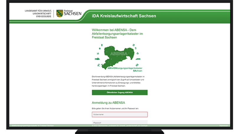 Das Bild zeigt die Startseite mit dem Zugang zum Abfallentsorgungsanlagenkataster Sachsen (ABENSA)