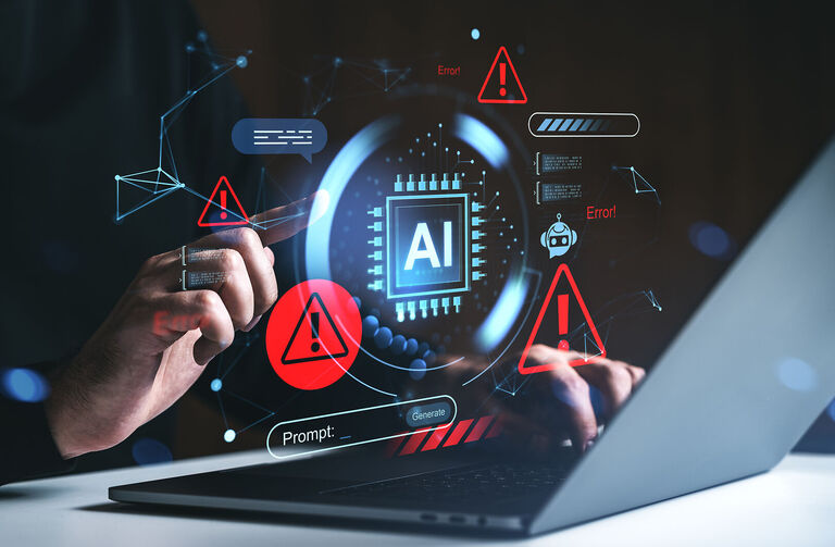 Person arbeitet an einem Laptop und interagiert mit einer visualisierten KI-Oberfläche; Warnsymbole und Fehlermeldungen erscheinen rund um einen Mikrochip mit „AI“, was Herausforderungen und Risiken bei KI-Projekten symbolisiert.