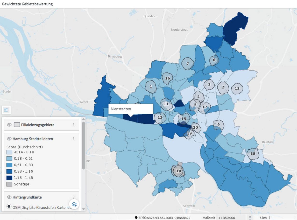 Gewichtete Gebietsbewertung basierend auf drei Kennzahlen in der Datenanalyse-Software disy Cadenza.