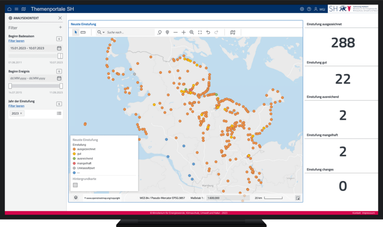 Dashboard in disy Cadenza zur Analyse der Qualität von Badegewässern in Schleswig-Holstein mit interaktiver Karte, farblich markierten Messstellen und Kennzahlen zur Einstufung der Gewässerqualität.