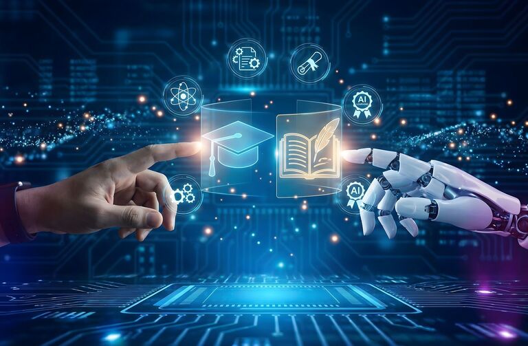 Eine menschliche Hand und eine Roboterhand, die sich auf einem leuchtenden digitalen Interface auf ein Symbol für Bildung und Forschung zubewegen, umgeben von Icons für künstliche Intelligenz, Wissenschaft und Technologie, die das Zusammenspiel von KI und Forschung visualisieren.