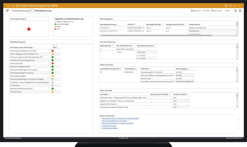 Die Screenshots vom Lagebild zur Tiergesundheit des LAVE NRW zeigen Dashboards zu den Themen Betriebsstruktur, Risikobewertung und Kontrollen