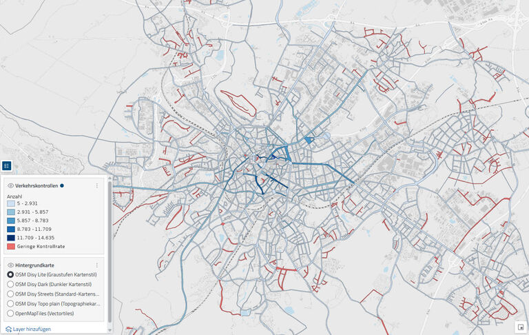 Karte in disy Cadenza mit Kontrollschwerpunkten und selten kontrollierten Straßen in der Verkehrsüberwachung