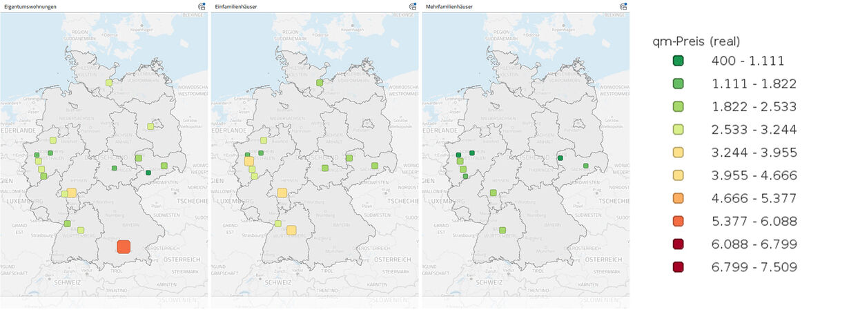 Durchschnittlichen Quadratmeterpreis von Eigentumswohnungen, Ein- und Mehrfamilienhäusern pro Stadt 2023 in Karten in der Datenanalyse-Software disy Cadenza analysieren.