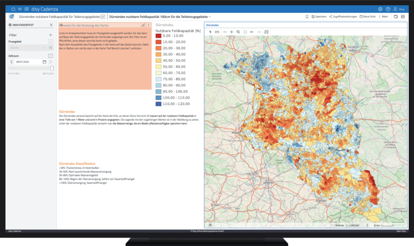 Die Abbildung zeigt ein Dashboard zum Dürreindex für Brandenburg – dargestellt mit disy Cadenza