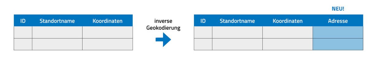 Daten in der Tabelle vor und nach der inversen Geokodierung in der Datenanalyse-Software disy Cadenza 