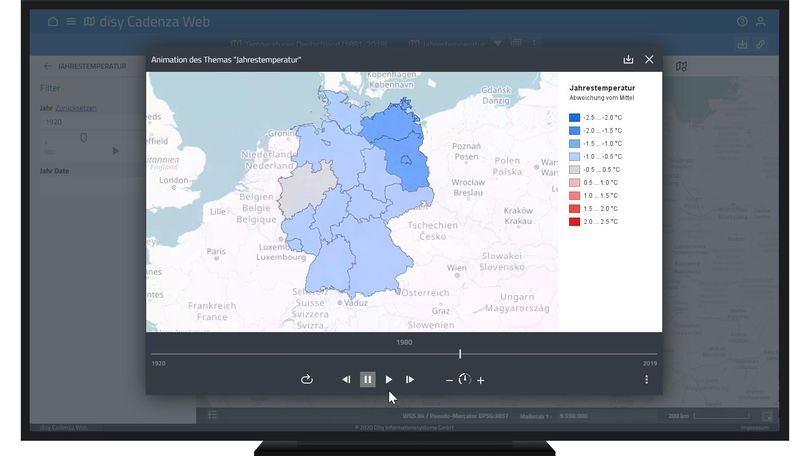 Zeitbezogene Animation der Temperaturen in Deutschland in der Datenanalyse-Software disy Cadenza.