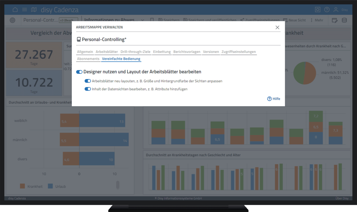 Mit der vereinfachten Bedienung in der Datenanalyse-Software disy Cadenza den Funktions- und Interaktion-sumfang der Arbeitsmappe definieren