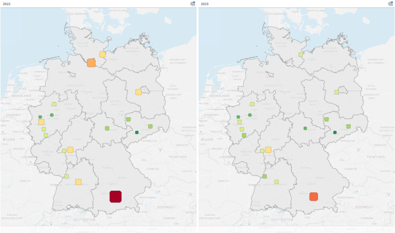Durchschnittlichen Quadratmeterpreis von Eigentumswohnungen pro Stadt 2022 und 2023 in Karten in der Datenanalyse-Software disy Cadenza analysieren.