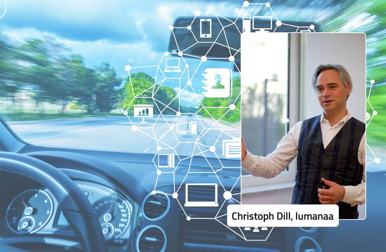 Christoph Dill, Geschäftsführer von Disy-Partnerunternehmen lumanaa, spricht im Interview über den Einsatz von Location Intelligence im SHK-Außendienst. Im Hintergrund eine vernetzte digitale Darstellung von Daten und Anwendungen im Fahrzeugcockpit.