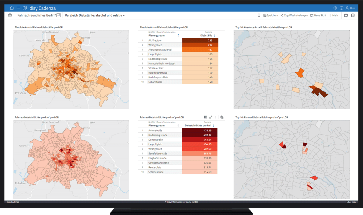 LOR mit meisten absoluten und relativen (pro km²) Diebstählen in der Datenanalyse-Software disy Cadenza analysieren.