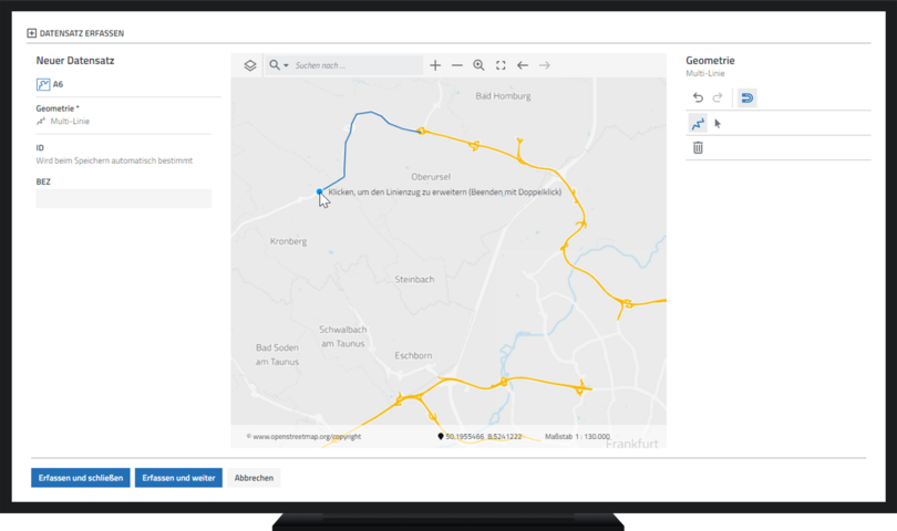 Geodatenerfassung in der Datenanalyse-Software disy Cadenza: Liniengeometrien direkt erfassen und für Karten und Analysen nutzen.