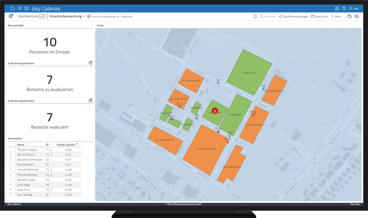 Live-Modus in der Datenanalyse-Software disy Cadenza für die Einsatzplanung bei einem Bombenfund nutzen.