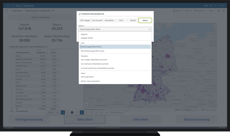 Dashboard in disy Cadenza mit Aktionsverknüpfung für eine barriereärmere Navigation