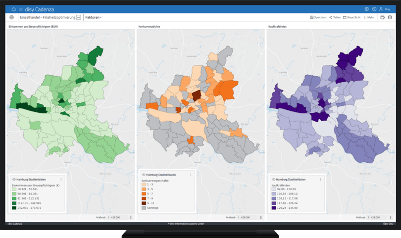 Drei thematische Karten in disy Cadenza zeigen Einkommensverteilung, Konkurrenzdichte und Kaufkraftpotenzial in verschiedenen Stadtteilen. Die farblichen Abstufungen verdeutlichen regionale Unterschiede und unterstützen die datenbasierte Standortbewertung im Einzelhandel.