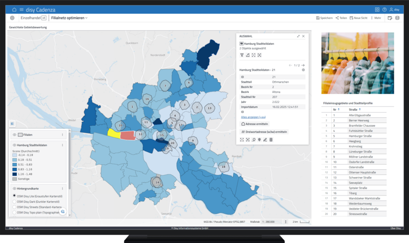 Interaktive Karte in disy Cadenza zeigt die Bewertung von Stadtteilen einer Großstadt für die Standortplanung im Einzelhandel. Die farblich abgestuften Gebiete visualisieren das Absatzpotenzial für neue Filialen, basierend auf Faktoren wie Kaufkraft und Bevölkerungsstruktur. Rechts ist eine Liste der Einzugsgebiete pro Filiale dargestellt.