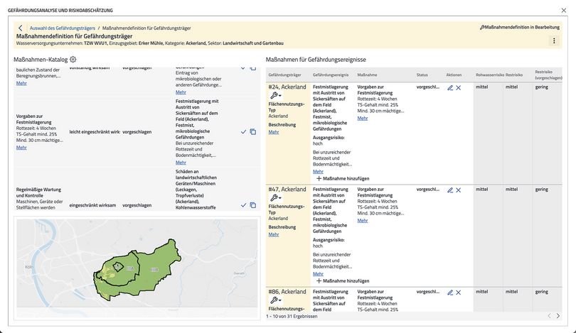 RiskPlus-Dashboard auf Basis von disy Cadenza zur Gefährdungsanalyse und Risikoabschätzung mit Maßnahmenkatalog und Kartenansicht.