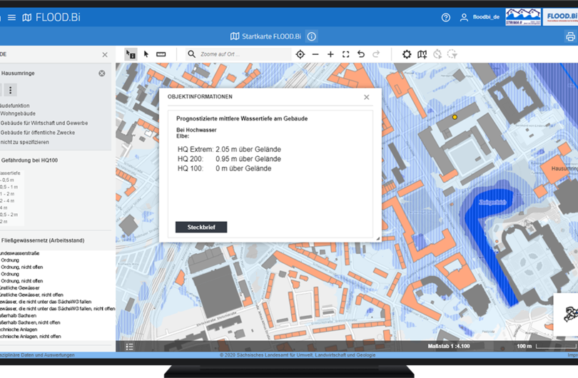 Abb. 3: Wenn ein Gebäude hochwassergefährdet ist, sind in der Objektinformation von disy Cadenza die entsprechenden Daten hinterlegt. Über den Link „Steckbrief“ wird die Fachanwendung gestartet.