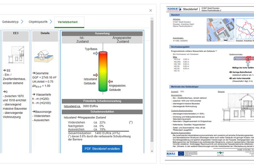 Abb. 1: Im Webportal FLOOD.Bi lässt sich in der Fachanwendung über die vier Schritte „Gefahr, Gebäudetyp, Objektspezifik und Verletzbarkeit“ die Wirkung verschiedener Optionen zur Hochwasservorsorge simulieren