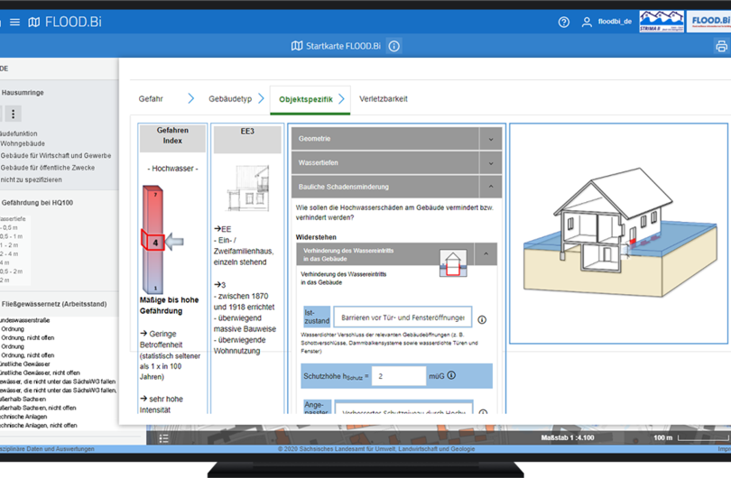 Abb. 5: Bei der Objektspezifik erfolgen detaillierte Einstellungen zu Geometrie und Wassertiefen und die Auswahl einer der Vorsorgestrategien „Widerstehen, Nachgeben oder Ausweichen“