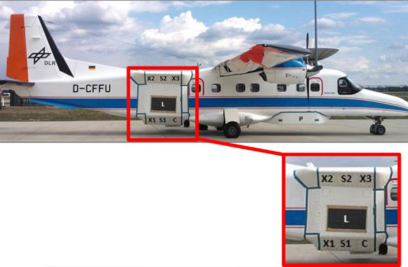 Abb. 6: Forschungsflugzeug des DLR mit F-SAR Sensor, mit dem die Bilder der Flugkampagnen aufgezeichnet werden. Dieser Sensor ermöglicht die simultane Aufzeichnung in bis zu 4 Frequenzbändern. Für das Projekt relevant sind das X-Band (hohe Auflösung) und das S-Band (Vegetationseindringung).